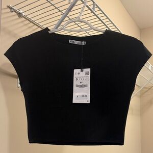 ZARA Black Knit Cap Sleeve Crop Top sz S
